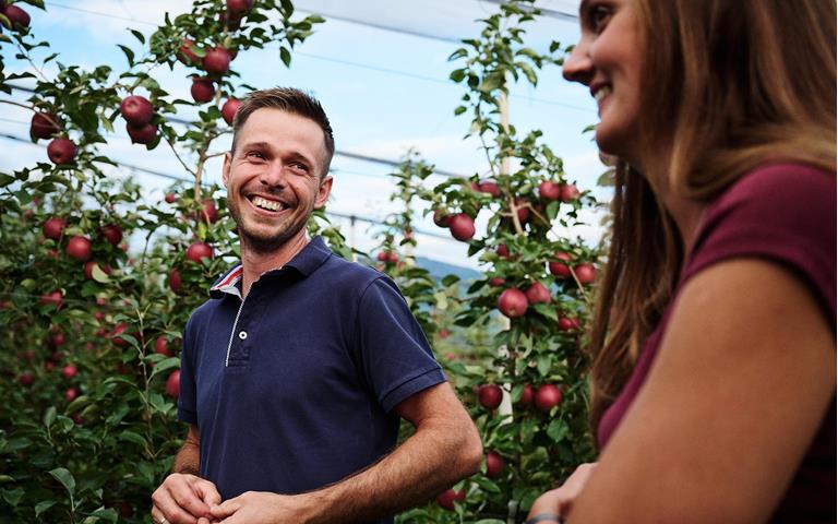 Due persone si sorridono in un meleto con mele mature