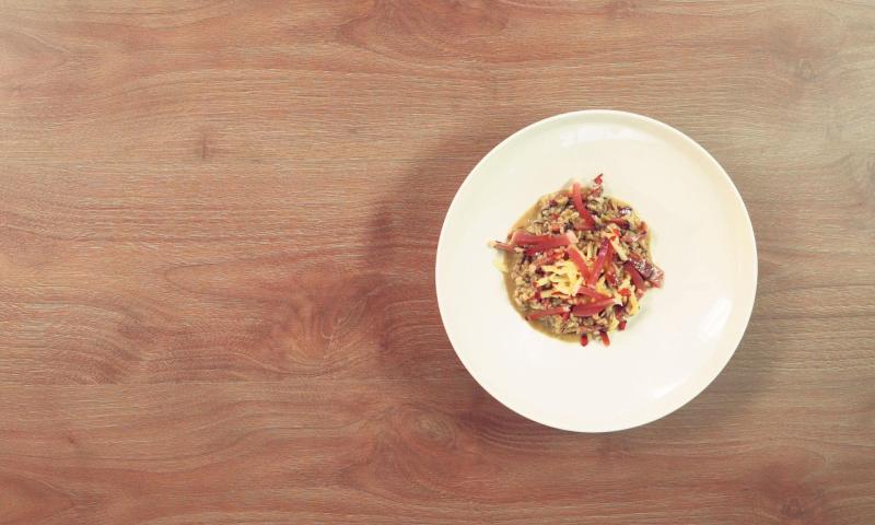 Barley risotto with braised radicchio, speck and apple